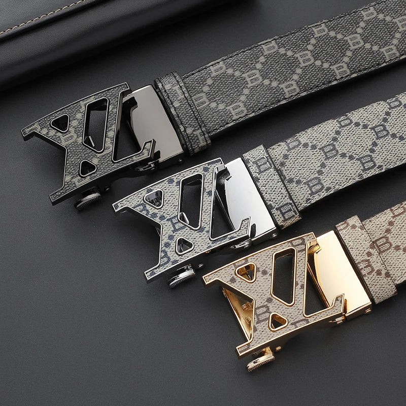 Pasek Louis Vuitton - Męski pasek z automatyczną klamrą, podwójne koło w kształcie litery G, metalowa klamra, vintage, pasek ze skóry ekologicznej z nadrukowanym monogramem B