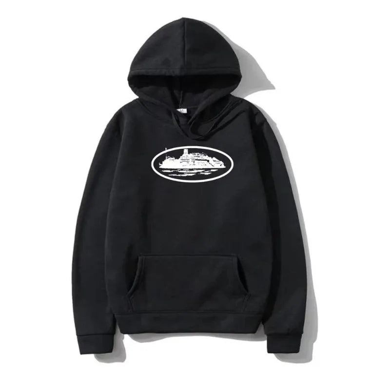 Bluza z kapturem Yacht Graphic Black, męska i damska, w stylu marynistycznym, casualowa, z kapturem, dla entuzjastów żeglarstwa, modna, streetwearowa