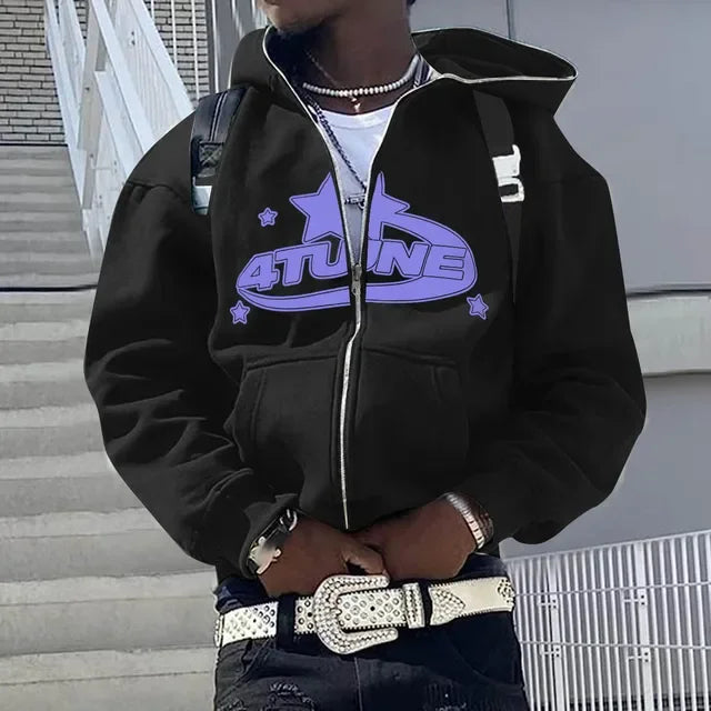 Bluzy z kapturem - zapinane na zamek, kardigan, ciepła bluza z kapturem, estetyka, nadruk w litery, trend, swobodny, hip-hop, rok 2000, nowe bluzy, odzież męska