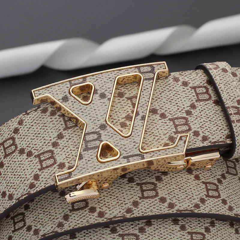 Pasek Louis Vuitton - Męski pasek z automatyczną klamrą, podwójne koło w kształcie litery G, metalowa klamra, vintage, pasek ze skóry ekologicznej z nadrukowanym monogramem B