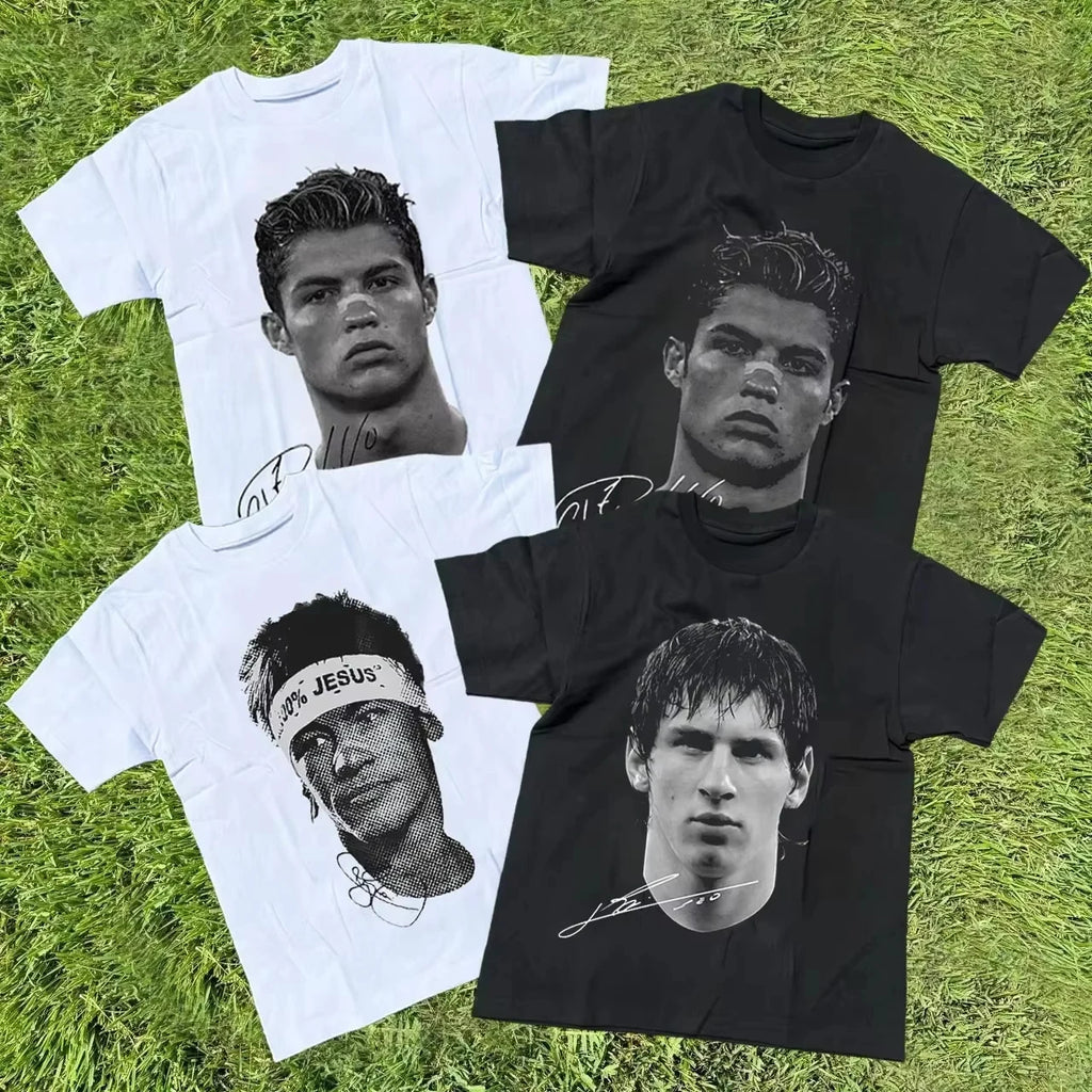 100% BAWEŁNA - Cristiano Ronaldo Neymar Lionel Messi - Football Koszulka z nadrukiem Superstar Portrait, męska, damska, bawełniana, luźna, swobodna, z krótkim rękawem