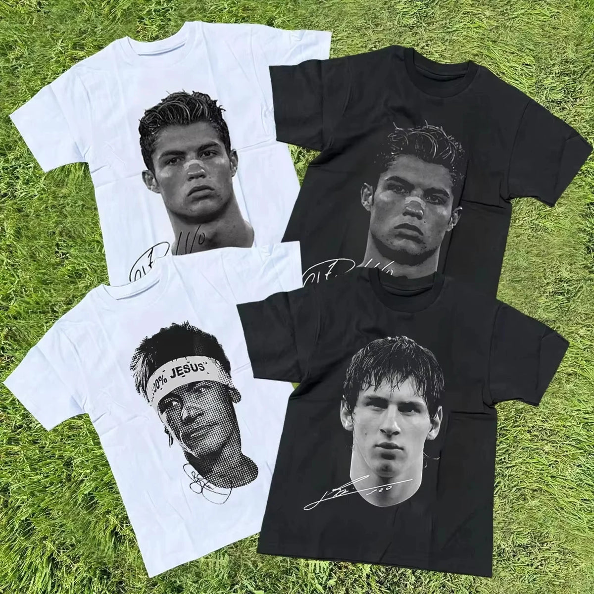 100% BAWEŁNA - Cristiano Ronaldo Neymar Lionel Messi - Football Koszulka z nadrukiem Superstar Portrait, męska, damska, bawełniana, luźna, swobodna, z krótkim rękawem
