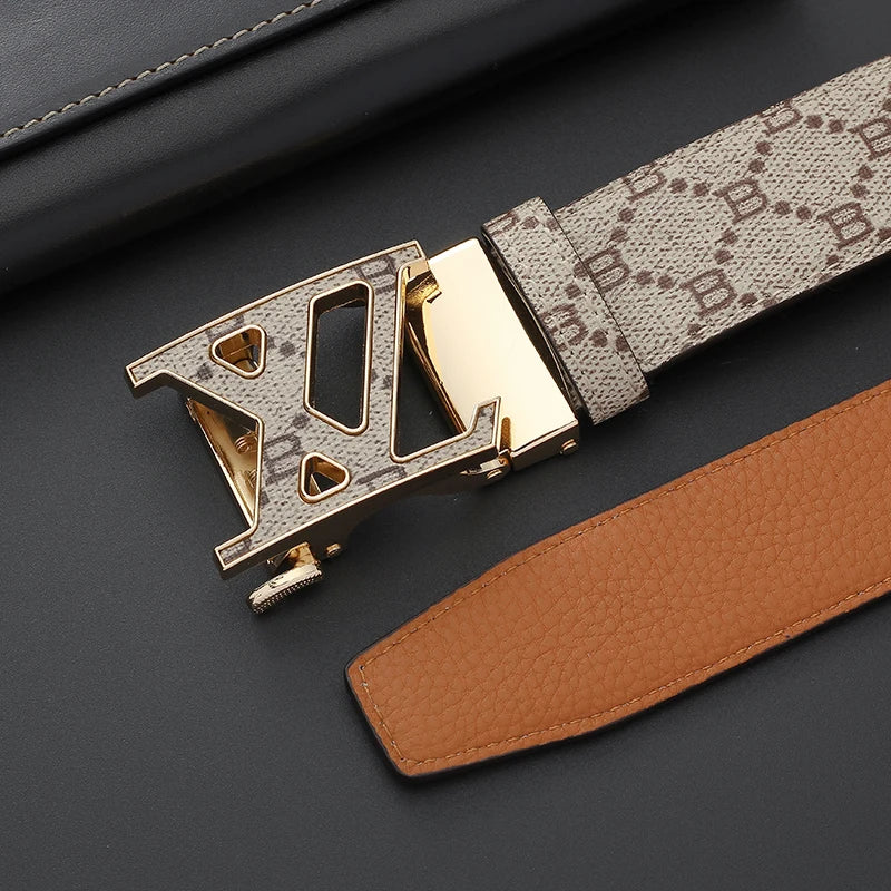 Pasek Louis Vuitton - Męski pasek z automatyczną klamrą, podwójne koło w kształcie litery G, metalowa klamra, vintage, pasek ze skóry ekologicznej z nadrukowanym monogramem B